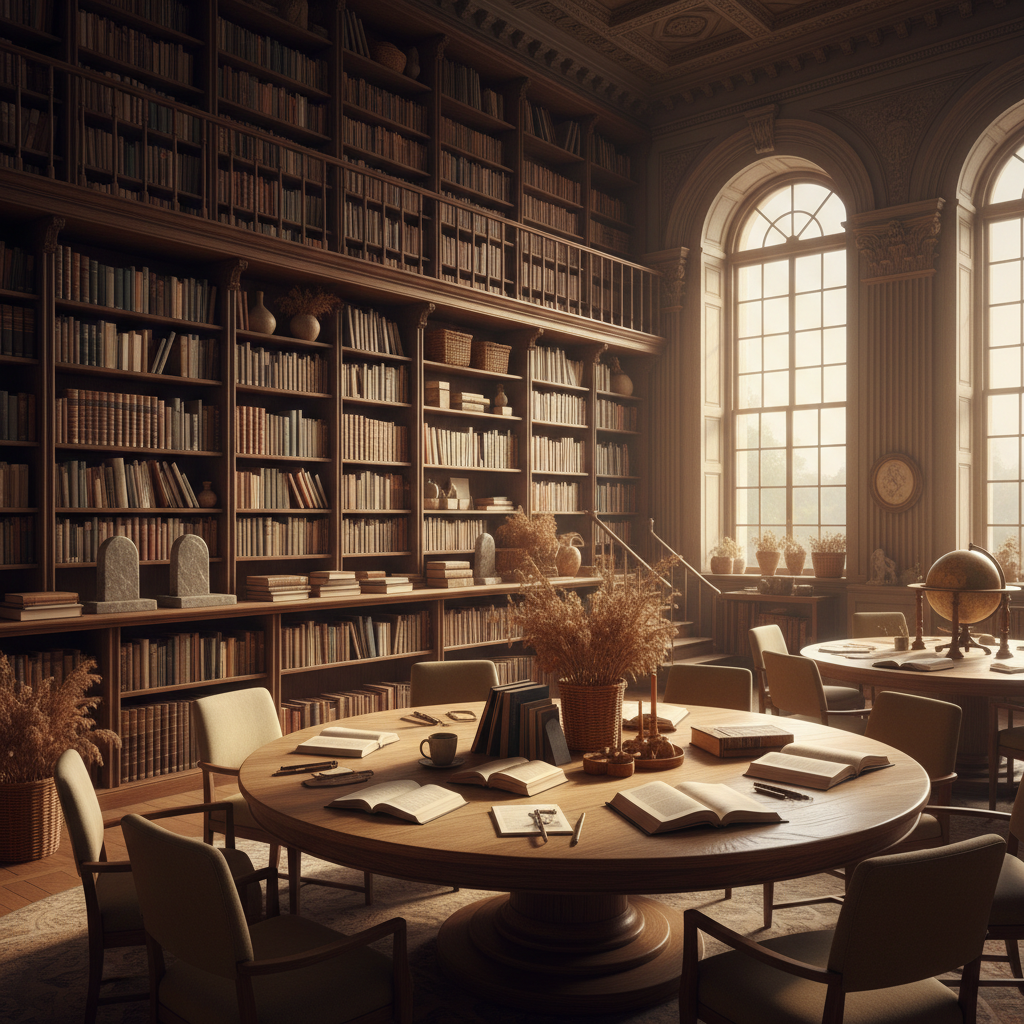 Välordnat bibliotek med böcker och naturliga material i varmt ljus, symboliserar kunskap, intellektuell fördjupning och institutionell trovärdighet