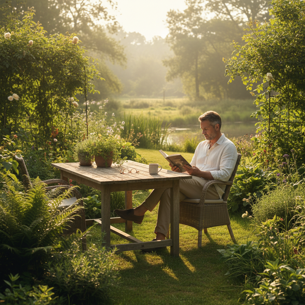 Man som sitter vid ett trädgårdsbord och läser en bok i varmt eftermiddagsljus, omgiven av grönska och lugn natur