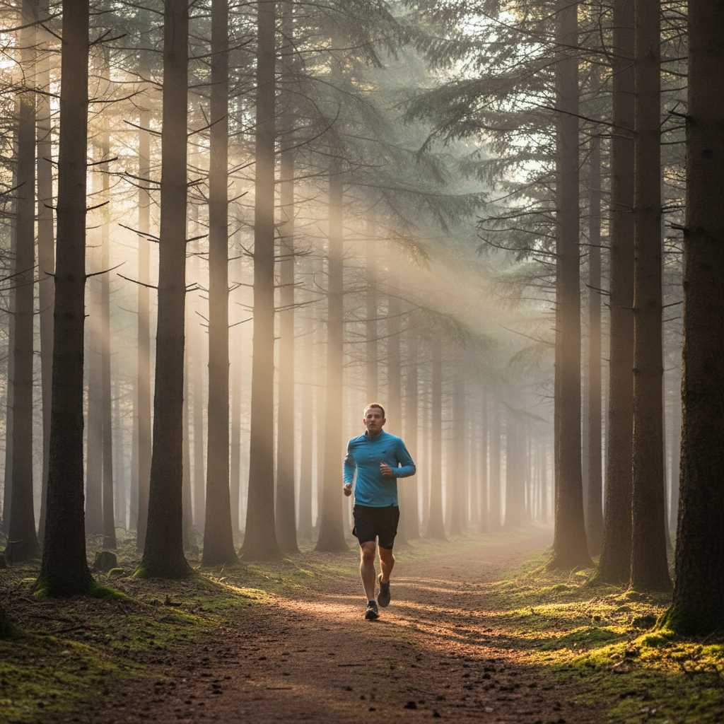 Man som jogging längs en skogsväg omgiven av tallar i tidig morgon med dimma – naturlig rörelse i friluftsmiljö