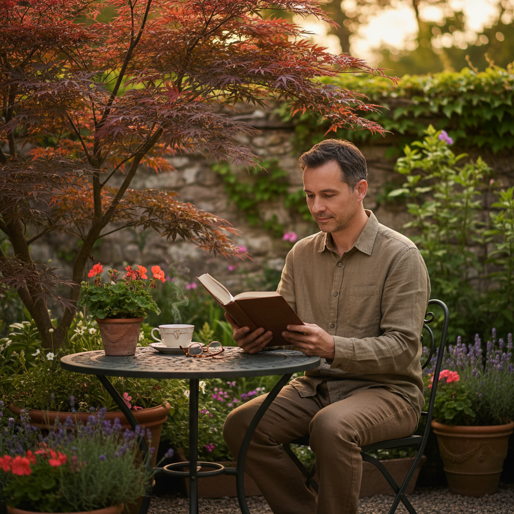 Man som läser en bok vid ett litet trädgårdsbord i kvällsljus med en kopp te, förmedlar lugn, studero och mental återhämtning