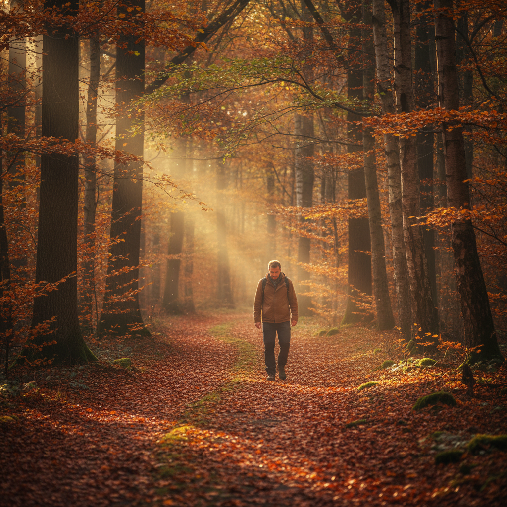 Man som promenerar i skogen längs en stig täckt av höstlöv, solstrålar filtrerar genom trädkronorna och skapar en stämningsfull atmosfär