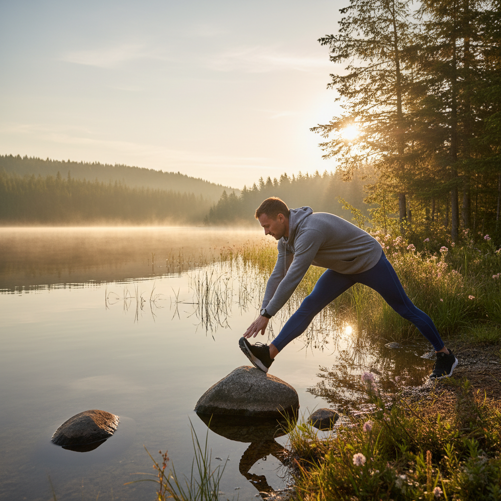 Man i avslappnad joggingkläder som stretchar bredvid en sjö i morgonljuset, omgiven av natur och lugn atmosfär